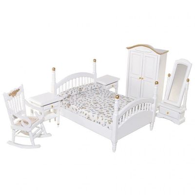 Melody Jane Dolls Houses Dollhouse White & Gold Double Bedroom Furniture Set with Spindle Frame 1:12