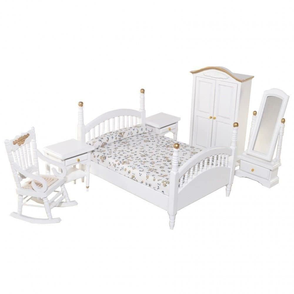 Melody Jane Dolls Houses Dollhouse White & Gold Double Bedroom Furniture Set with Spindle Frame 1:12