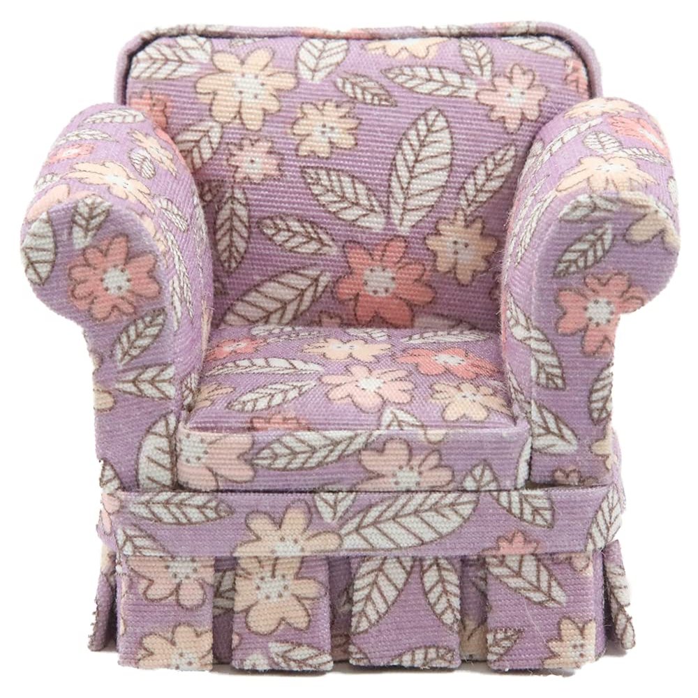JBM Miniatures Dollhouse Purple Floral Country Armchair Living Room Furniture
