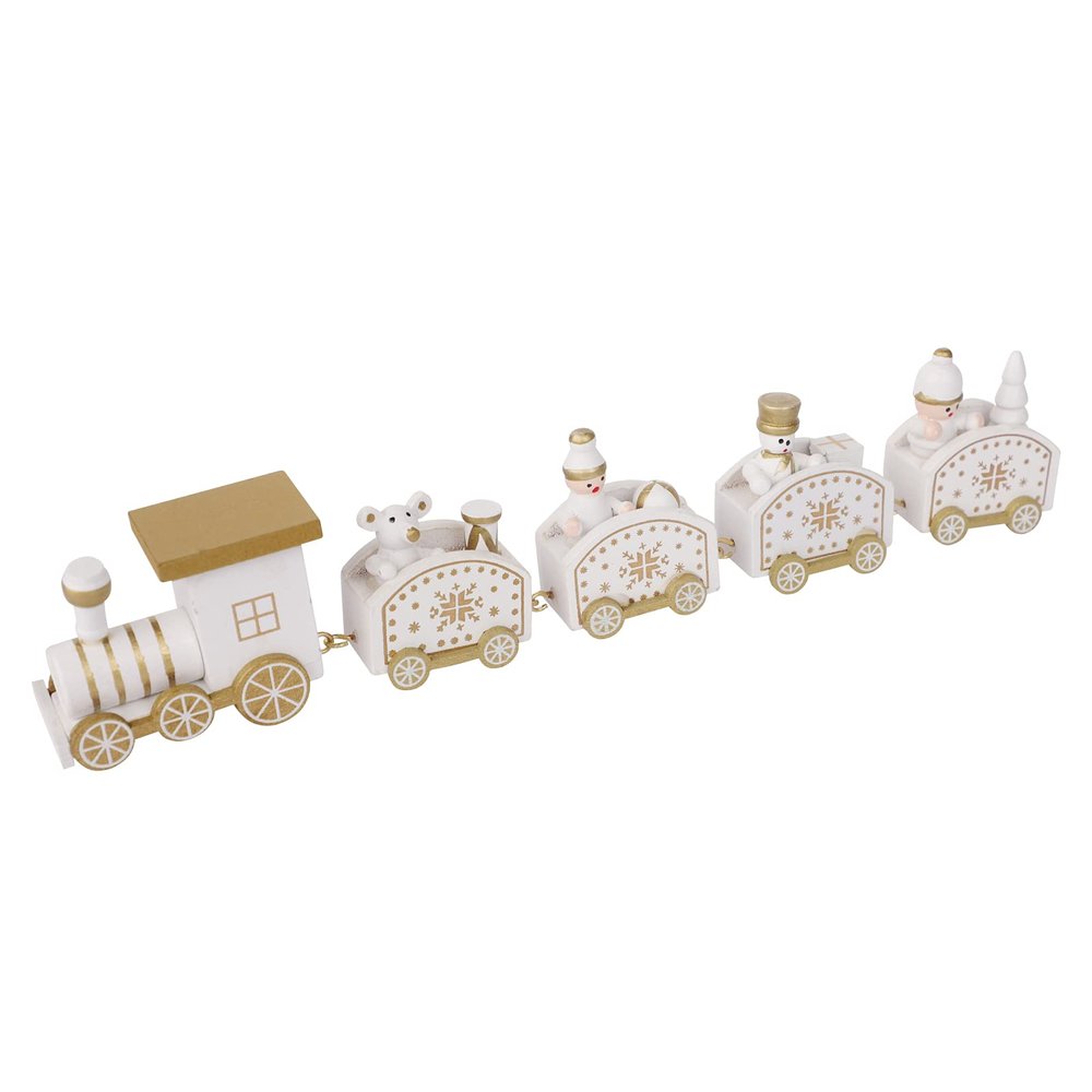 Christmas Wooden Train Set Five-Section Mini Train Set Christmas Party Tabletop Decoration Snowman Train Ornament Under Xmas Tree Decors Party Favor Home Decor (Train-White)