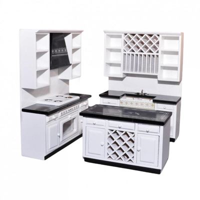 Melody Jane Dolls Houses Dollhouse Modern Black & White Kitchen with Island Miniature Furniture Set