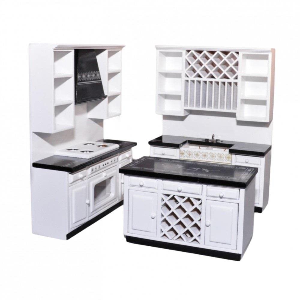 Melody Jane Dolls Houses Dollhouse Modern Black & White Kitchen with Island Miniature Furniture Set