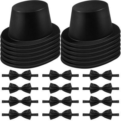 SATINIOR Magician Costume Headwear Set, Includes 12 Pieces Black Top Hat and 12 Bow Ties, Adjustable Length Bow Ties for Party, Costume Accessories for Halloween, Cosplay, Stage Performances, Black