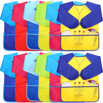 Haysandy 12 Pcs Smocks for Kids Art Smocks for Kids Paint Colorful Children Aprons Artist Painting with Long Sleeve and 3 Pockets for Age 3-8 Years