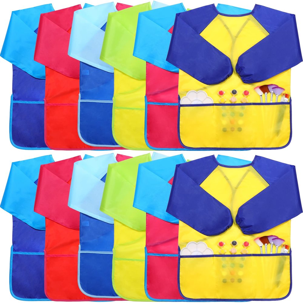 Haysandy 12 Pcs Smocks for Kids Art Smocks for Kids Paint Colorful Children Aprons Artist Painting with Long Sleeve and 3 Pockets for Age 3-8 Years
