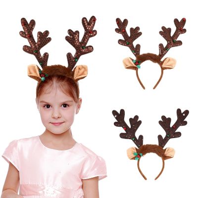 2pcs Reindeer Antler Headbands Christmas Reindeer Ear Headband Sequined Antlers Headpiece with Bell Christmas Party Hair Accessories One Size Fits All