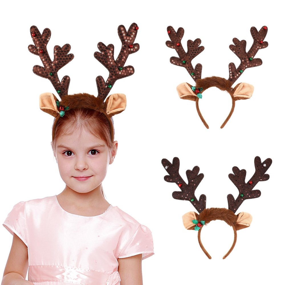 2pcs Reindeer Antler Headbands Christmas Reindeer Ear Headband Sequined Antlers Headpiece with Bell Christmas Party Hair Accessories One Size Fits All