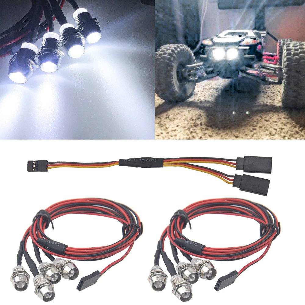 HIRCQOO 4Pcs White LED RC Crawler Headlights, Compatible with Traxxas HSP Tamiya Redcat RC4WD Axial SCX10 Kyosho Arrma 1/8 1/10 1/12 RC Car Truck Monster Crawler, Voltage 3V-7V