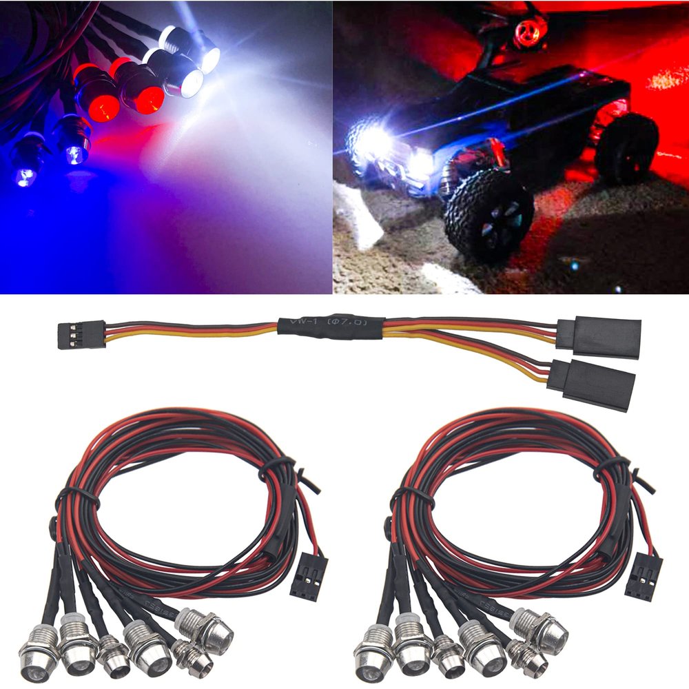 2Pack HIRCQOO 6LED RC Car LED Light Headlights Taillight Lighting with JR Y Cable Compatible with Traxxas HSP Tamiya Redcat RC4WD Axial Kyosho Arrma 1/8 1/10 1/12 RC Car Truck (2Blue + 2White + 2Red)