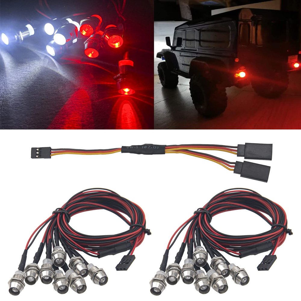 2Pack HIRCQOO 8LED RC Car LED Light Headlights Taillight Lighting with JR Y Cable Compatible with Traxxas HSP Tamiya Redcat RC4WD Axial SCX10 Kyosho Arrma 1/8 1/10 1/12 RC Car Truck,4Red & 4White