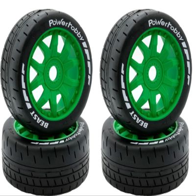Power Hobbies 1/8 GT Beast Belted Mounted Tires Medium 17mm Wheels (4) Arrma Infraction/Limitless/HoBao/GRP (Green)