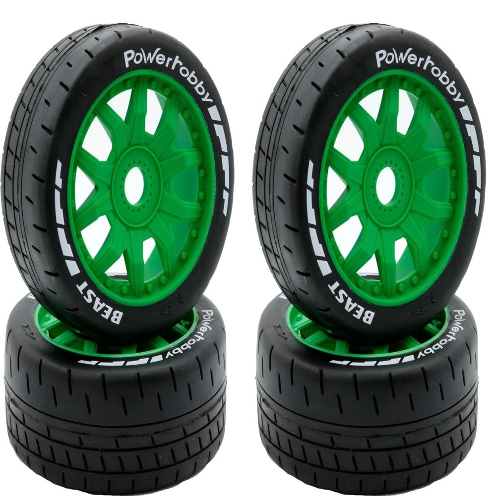 Power Hobbies Powerhobby 1/8 GT Beast Belted Mounted Tires Soft 17mm Wheels (4) Arrma Infraction/Limitless/HoBao/GRP (Green)