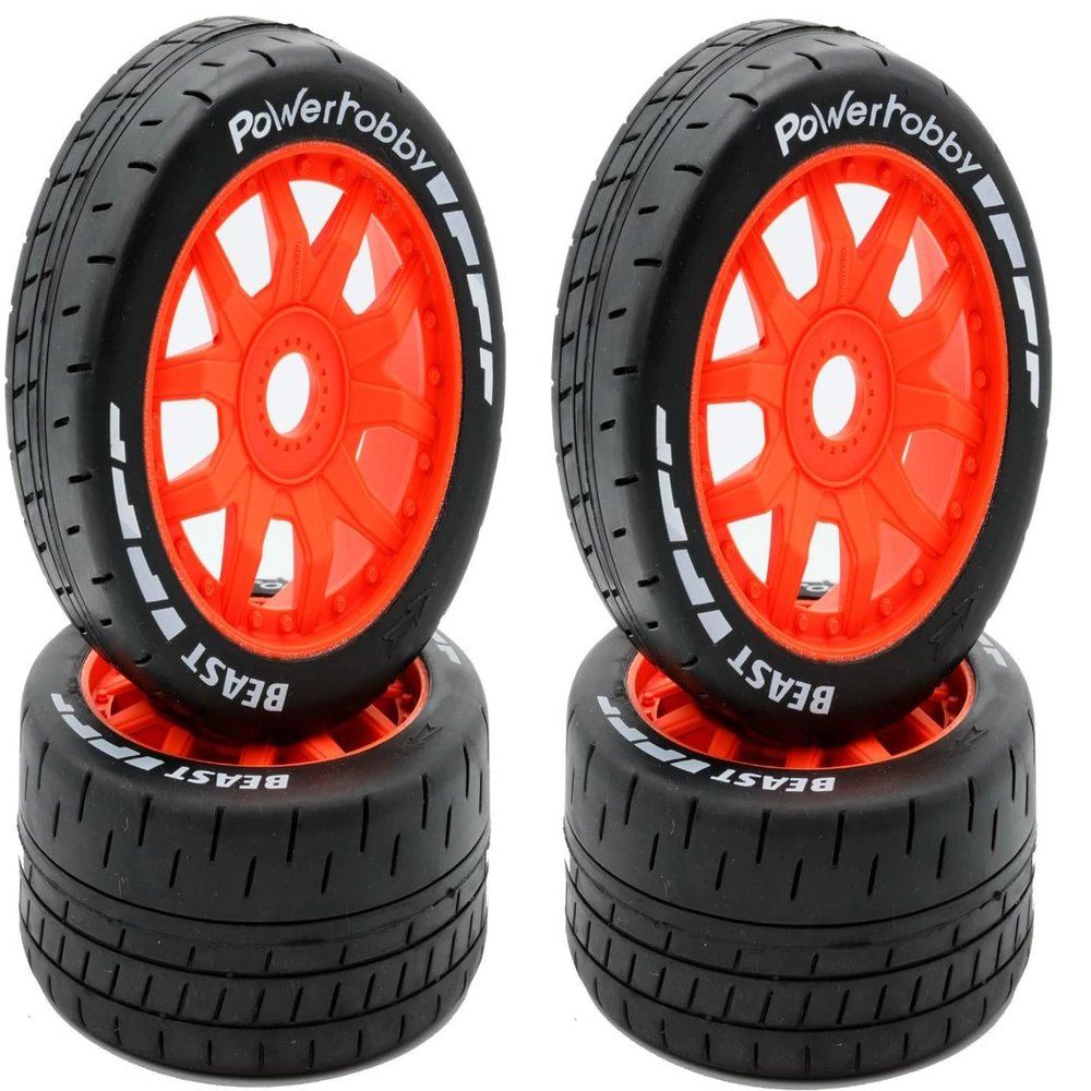 Power Hobbies 1/8 GT Beast Belted Mounted Tires Medium 17mm Wheels (4) Arrma Infraction/Limitless/HoBao/GRP (Orange)