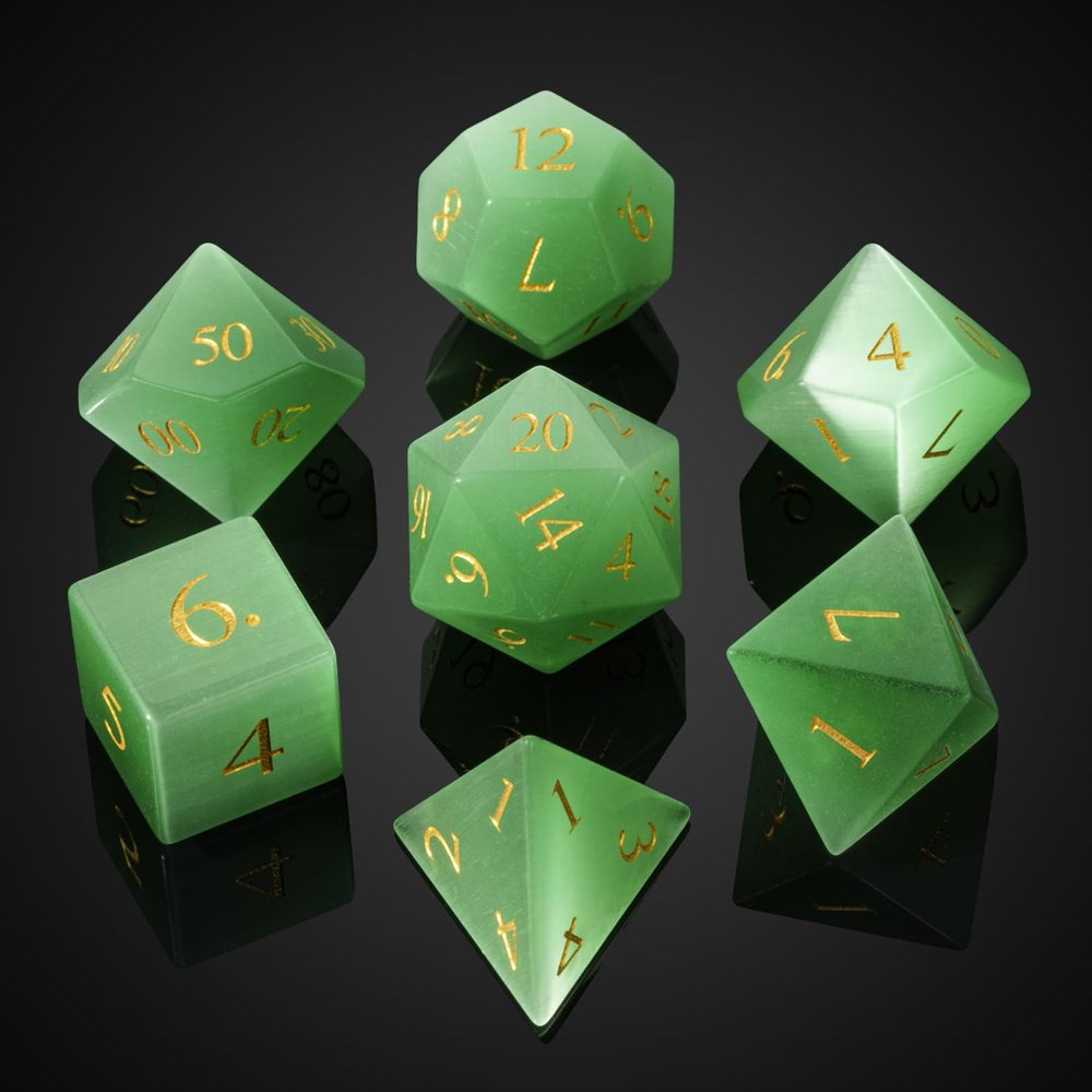 UDIXI Natural Gemstone DND Dice Set, 7PCS Handmade Crystal Stone Dice Set D&D for Dungeons and Dragons Role Playing Game and Tabletop Games (Green Cat's Eye)