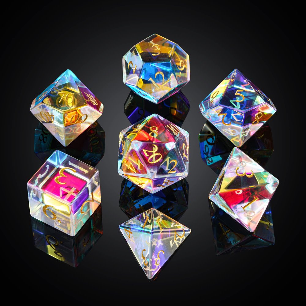 UDIXI Prism Glass RPG Dice Set 7PCS Rainbow Glass DND Dice Set with Gift Box for D&D Tabletop Games