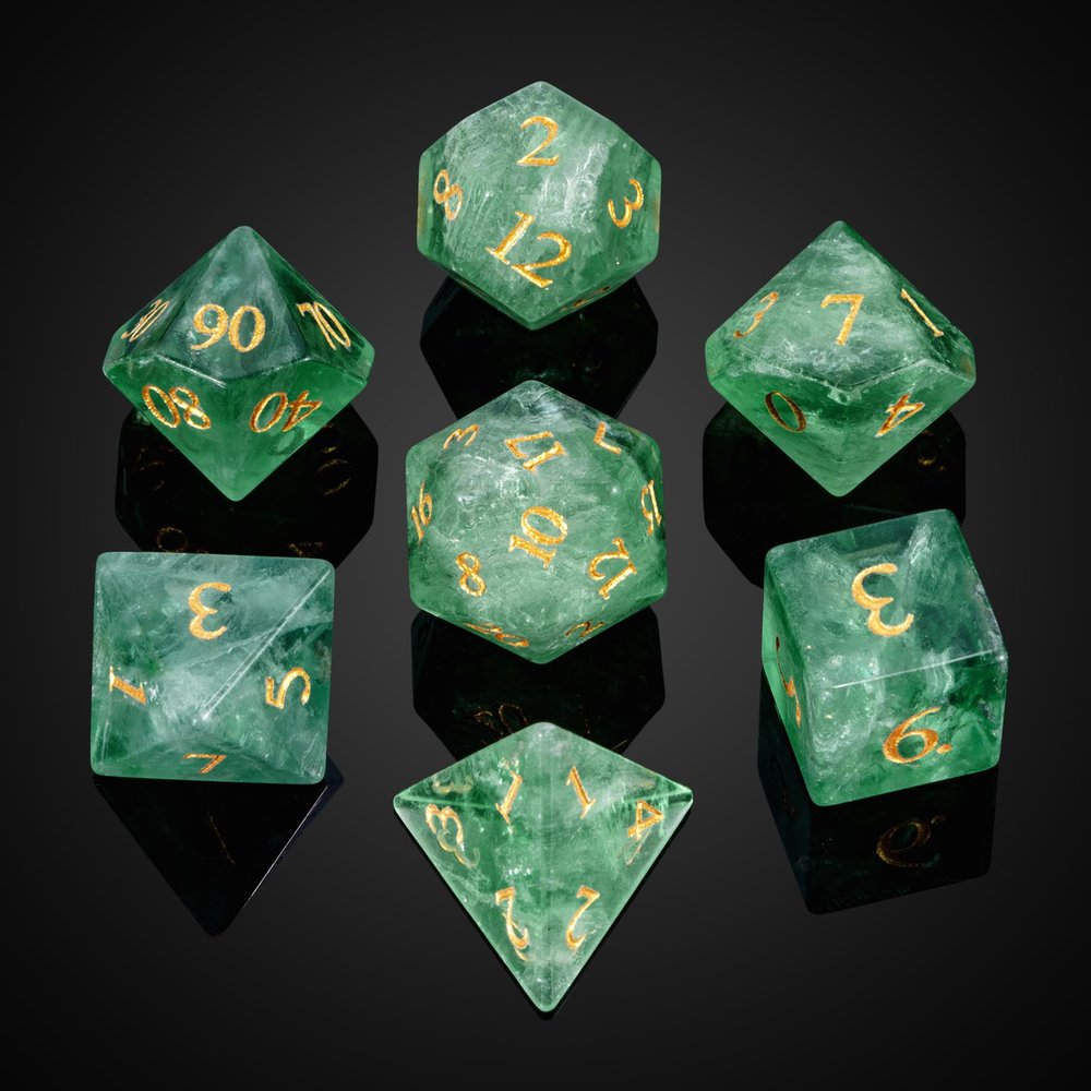 UDIXI Natural Gemstone Dice Set 7PCS Green Fluorite Crystal Stone DND Dice with Gift Case for Role Playing Games and Other Tabletop Games