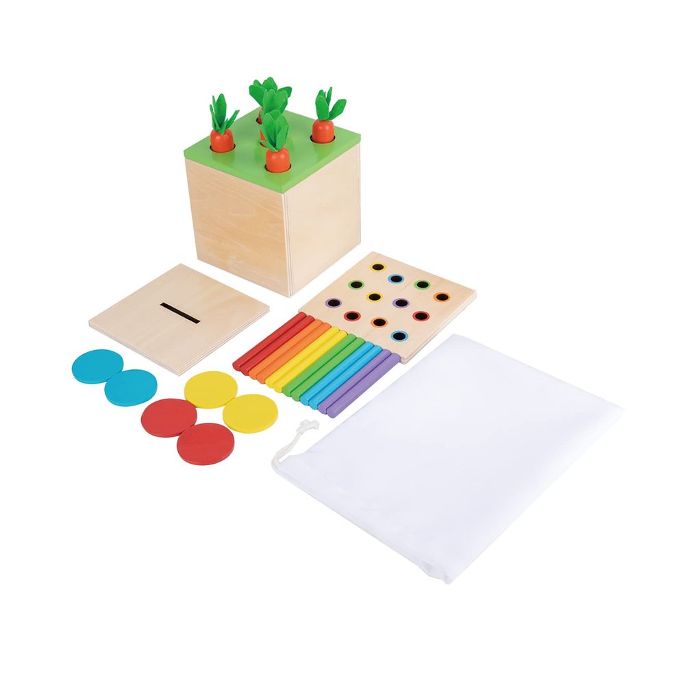Adena Montessori 3 in 1 Wooden Montessori Play Kit Baby Toys,Includes Matchstick Color Drop Game,Carrot Harvest Game and Coin Box,Learning Toy for Kid 1,2,3 Year Old,Girl Boy Gift for Baby 6-12 Month