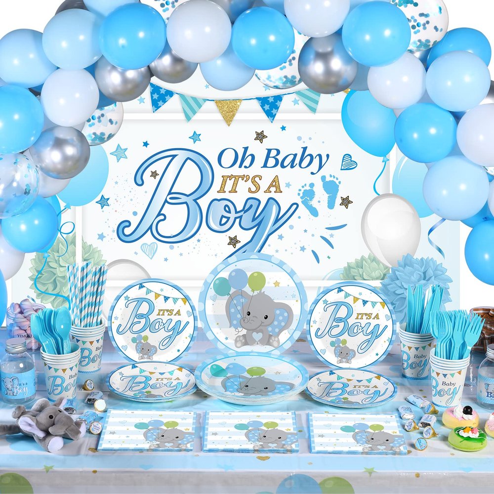 Chengu 194 Pcs Elephant Baby Shower Party Supplies - Blue It's a Boy Backdrop Banner, Tablecloth, Tableware & Balloons Party Decorations for Baby Showers Gender Reveal(Boy Style)