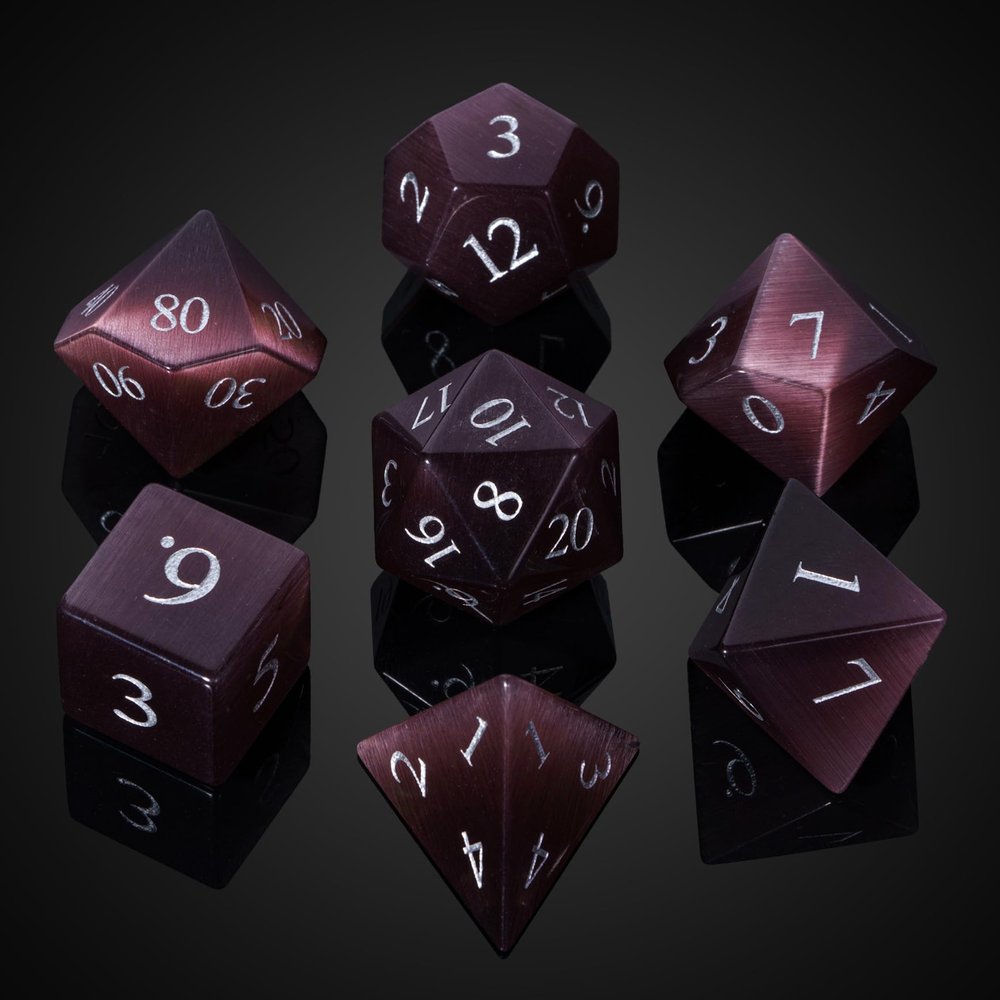 UDIXI Natural Gemstone Dice Set, 7PCS Crystal Stone DND Dice for Role Playing Game and Tabletop Games (Purple Cat's Eye)