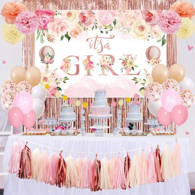 Baby Shower Decorations for Girl,Floral Theme Girl Baby Shower Balloons,It Is A Girl Backdrop Sign for Gender Reveal Party Supplies