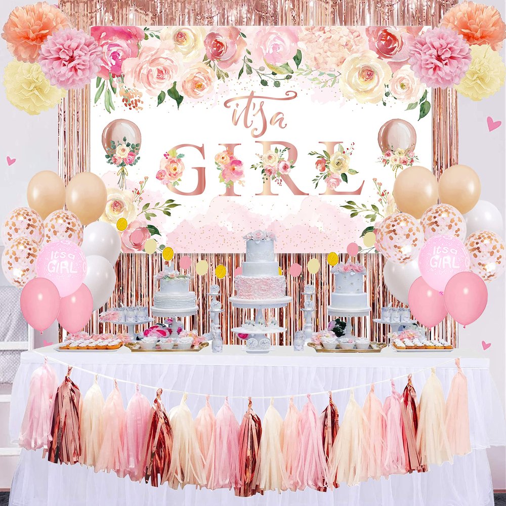 Baby Shower Decorations for Girl,Floral Theme Girl Baby Shower Balloons,It Is A Girl Backdrop Sign for Gender Reveal Party Supplies