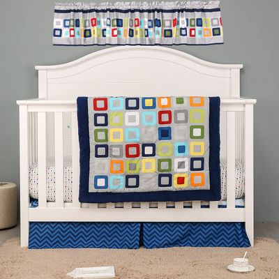 10 PCs Gray Navy Geometry Square Nursery Crib Bedding Set Baby Boy Baby Girl Colorful Square Theme Cot Bedding Set