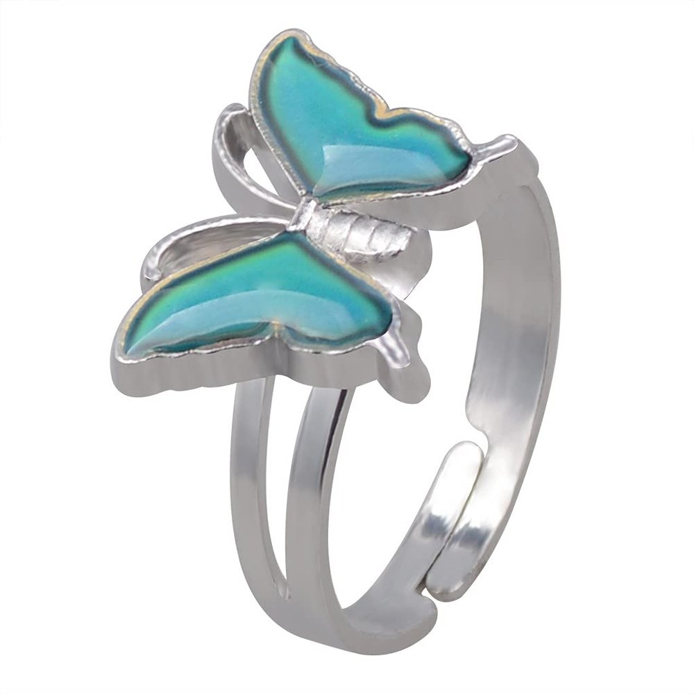 COLORFUL BLING Adjustable Mood Rings Mixed Cartoon Dinosaur Butterfly Color Changing Temperature Finger Ring for Valentine's Day Christmas Birthday Party Favors-butterfly