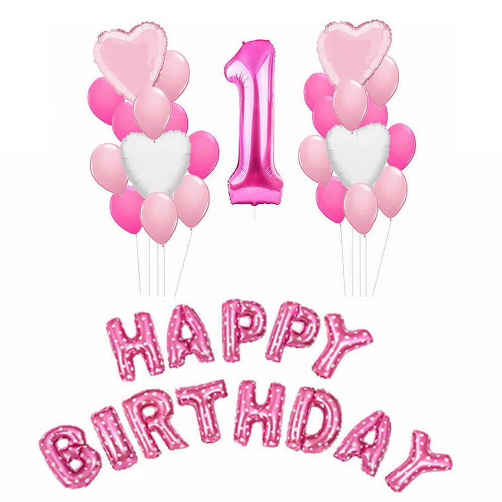Trimming Shop 1st Birthday Balloons Decoration Kit, Large Helium Foil Number 1 & Happy Birthday Foil Balloon, Party Supplies for Boys Girls 1st Birthday Anniversary Decoration, Pink