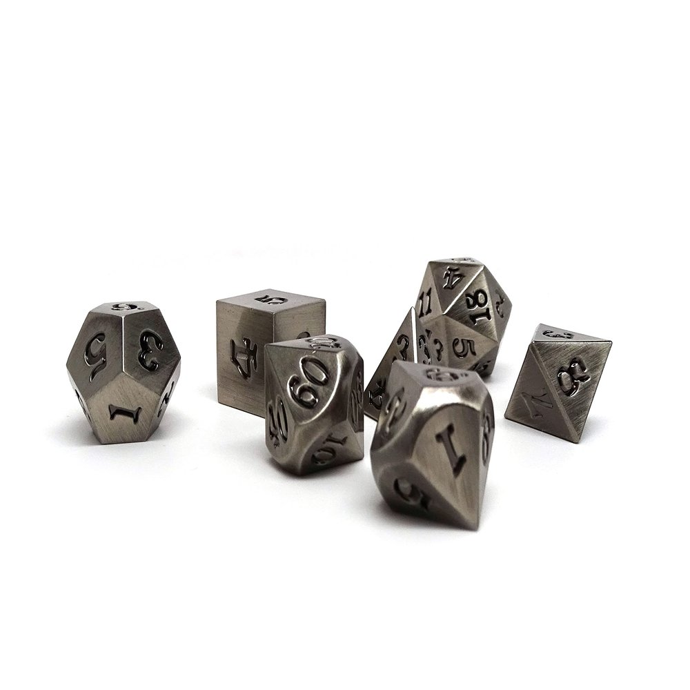 7 Piece Legendary Metal Dice Set - Bronze, Gold, Silver, and Copper Designs with Signature Font (Legendary Silver)
