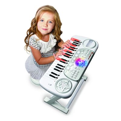 DEQUBE Children's Electronic Keyboard with Stool-with Learning Method-Has Record Function, Playback and Auto Shut-Off - with Ball with Disco Lights-Size 50X21X45cm (916D00041)