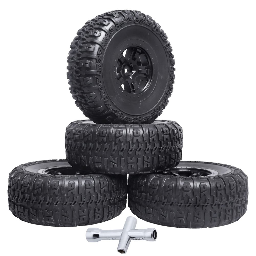 Hobbyfire 1/10 Short Course Truck Tires and Wheel Rims 12mm Hex with Foam Inserts for for All Terrain, Set of 4 (Style A)