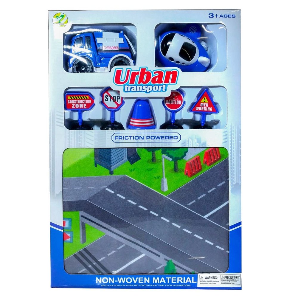 Kidplokio Cityscape Police Themed Respose Map Toy Acivity Felt Playmat, 31 x 27 inch Childrens Rug with 8pc Emergency Vehicles, Toy Cars, BlueTrucks for Boys