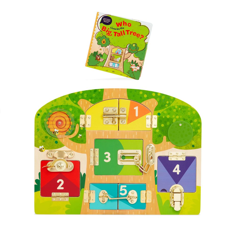Battat Education Wooden Latches Board Sensory Activity Toy for Toddlers, Montessori Doors and Locks Busy Board for Fine Motor Skills Development, Educational Toys for 3+ Years