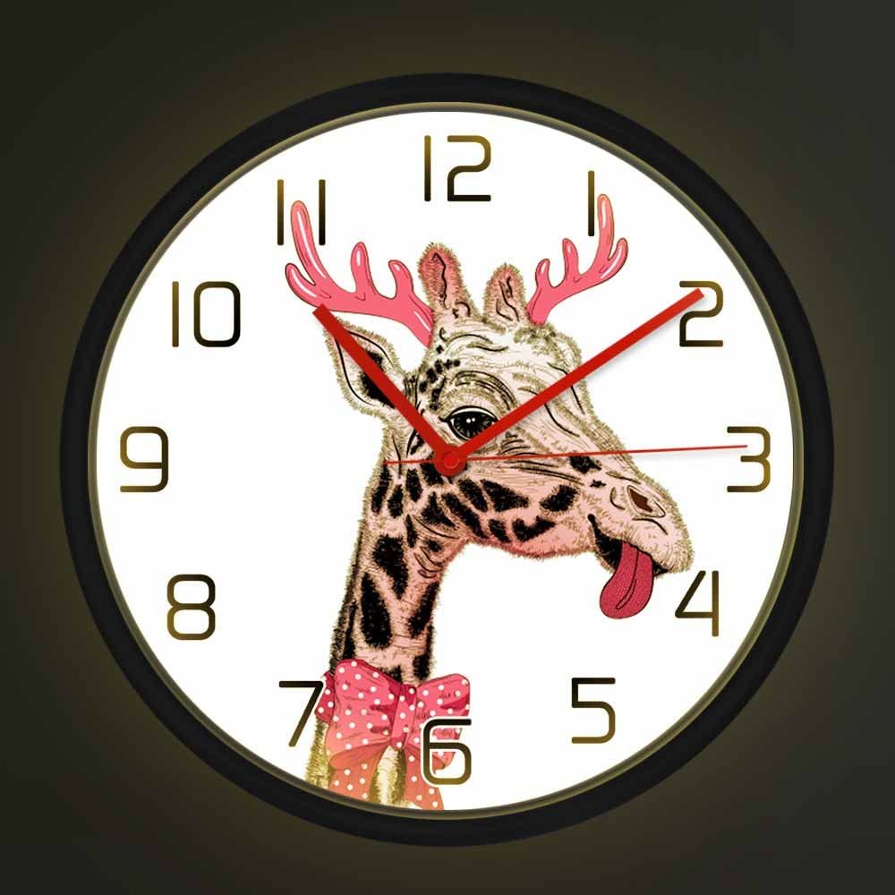 Geek Alerts Cute Pink Giraffe with Horns Exclusive Wall Clock with Voice Control LED Light Battery Operated Silent Non Ticking Watch for Girls Room Safari Baby Animal Nursery Decor