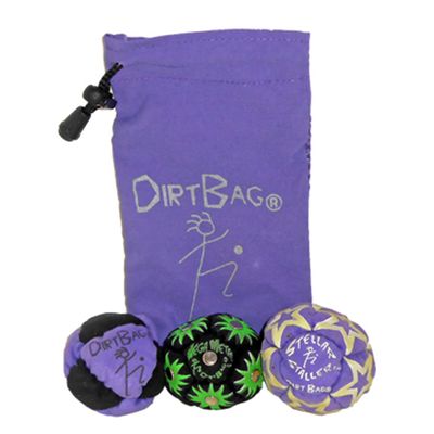 DIRTBAG All Star Footbag 3 Pack with Pouch, 100% Handmade, Premium Quality, Bright Vivid Colors, Signature Carry Bag - Purple/Black
