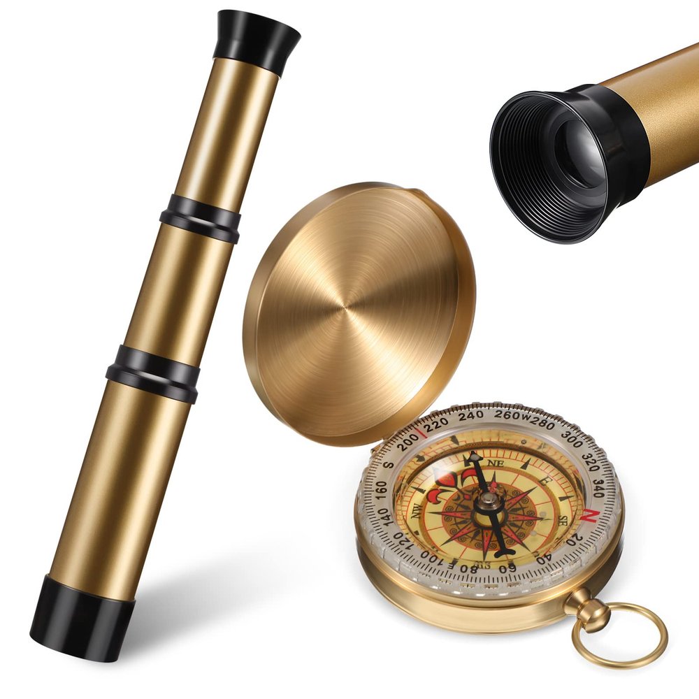 2 Pieces Pirate Spyglass Handheld Telescope with Survival Gear Compass Pocket Retro Spyglass Portable Collapsible Handheld Kids Telescope for Children Pirate Cosplay Party Favors Camping Boating