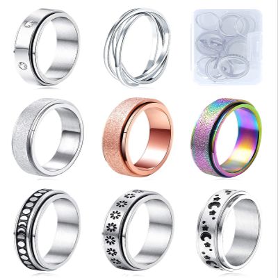 MUCAL Fidget Rings for Anxiety 8pcs Stainless Steel Spinner Ring Anti Anxiety Ring Spinning Moon Star Cool Stress Relieveing Rings for Women Men