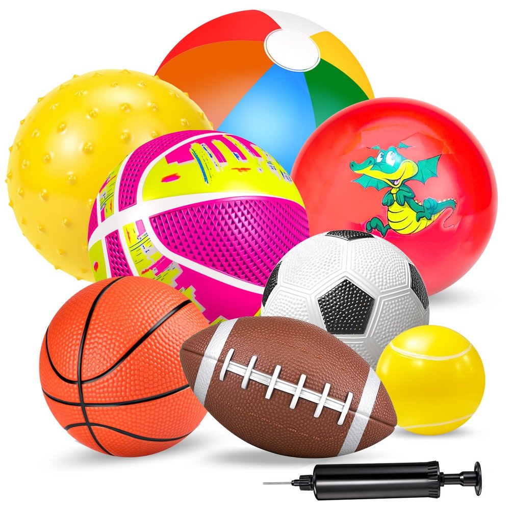 Ynanimery Balls for Toddlers, Toy Balls for Kids, Set of 8 Sport Toys with Pump/Beach Ball/Soccer/Basketball/Tennis/Football/Massage Ball/Rugby/PlaygroundBalls for Indoor Outdoor Party Games