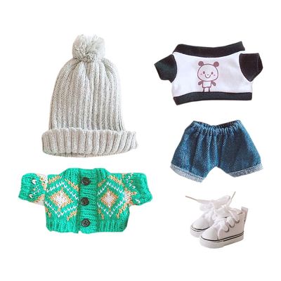 niannyyhouse Doll Clothes Suit 7.8in/20cm Plush Doll Clothes Hat+ Sweater + T-Shirt + Shorts + Shoe 5-Piece Set Green Vintage Sweater