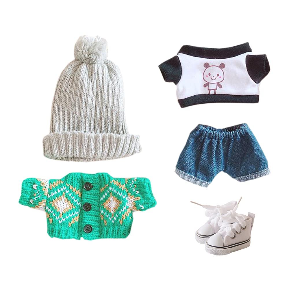 niannyyhouse Doll Clothes Suit 7.8in/20cm Plush Doll Clothes Hat+ Sweater + T-Shirt + Shorts + Shoe 5-Piece Set Green Vintage Sweater