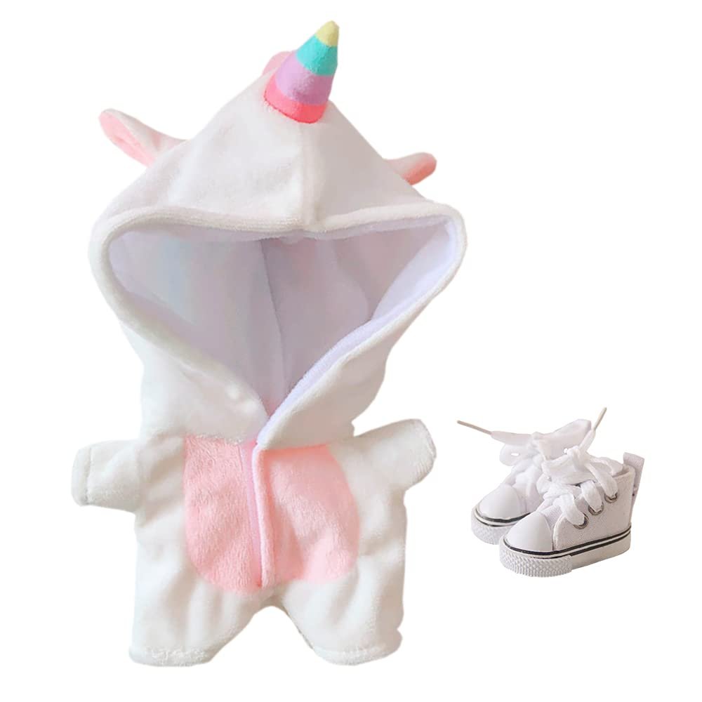 niannyyhouse Unicorn Clothes 20cm(7.8in) Plush Doll Clothes Onesies + Shoe 2-Piece Set Colorful Pajamas (White)