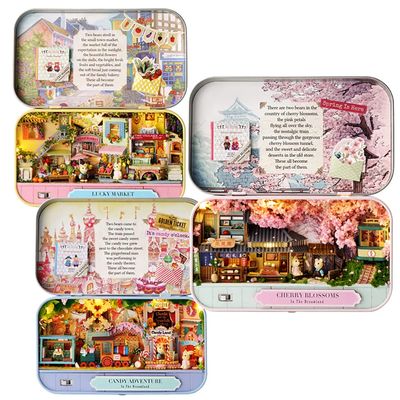 Montidey 3PCS Tin Box DIY Dollhouse Miniature Kit Dreamland Trilogy Dolls House Furniture Led Lights Puzzle Toy Model Creative Room Hand Craft Birthday Festival Gift