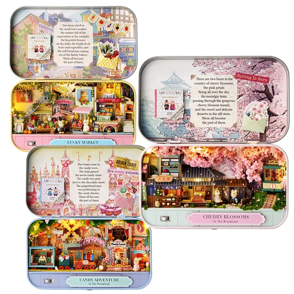 Montidey 3PCS Tin Box DIY Dollhouse Miniature Kit Dreamland Trilogy Dolls House Furniture Led Lights Puzzle Toy Model Creative Room Hand Craft Birthday Festival Gift