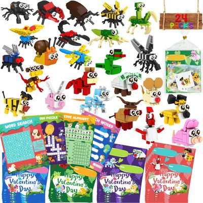 WODMAZ Valentines Day Cards for Kids Classroom, 24 Packs Animals and Insects Building Blocks with Valentines Day Cards for Kids Valentines Gifts Exchange, Valentine Party Favor