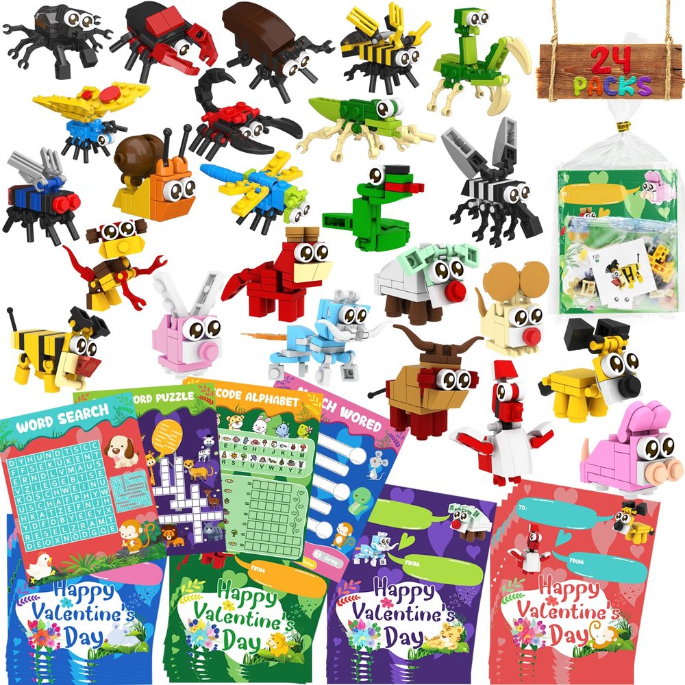 WODMAZ Valentines Day Cards for Kids Classroom, 24 Packs Animals and Insects Building Blocks with Valentines Day Cards for Kids Valentines Gifts Exchange, Valentine Party Favor