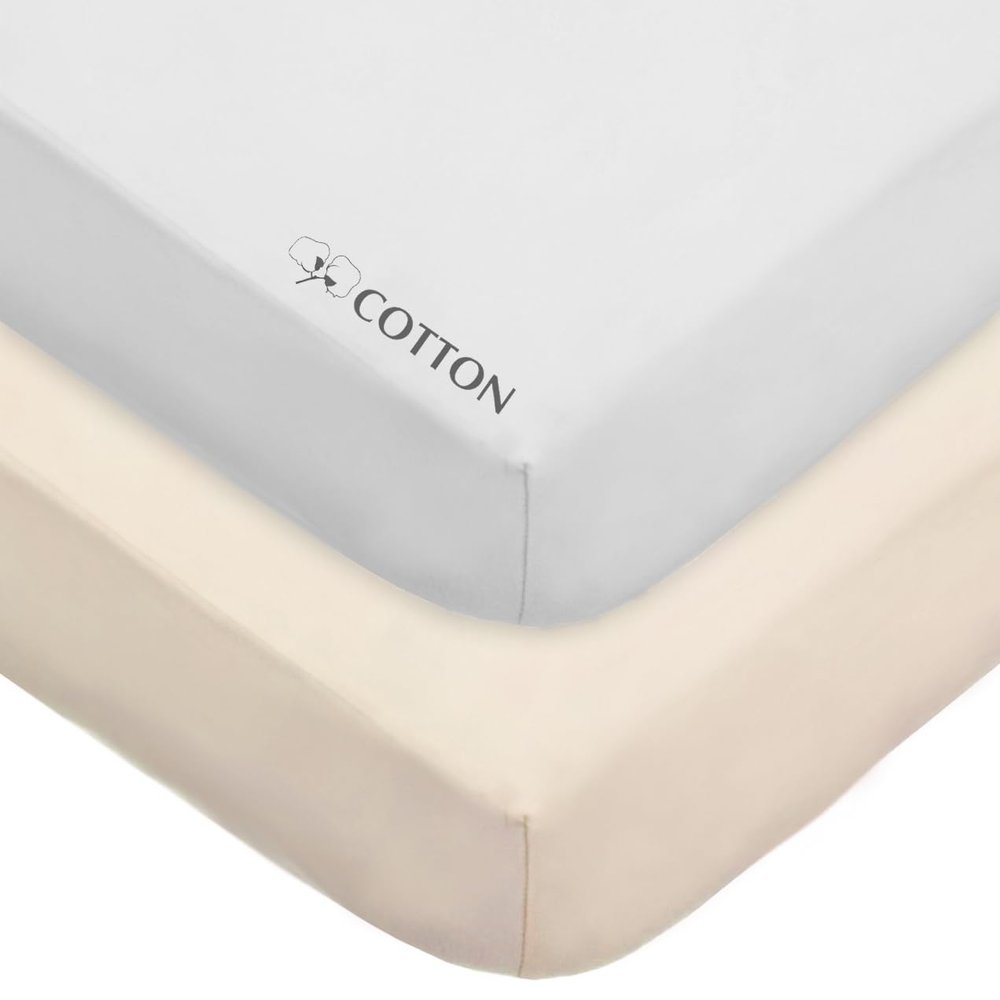 American Baby Company 2 Pack 100% Natural Cotton Fitted Crib Sheets 52" x 28" - Soft, Breathable, Hypoallergenic & Gentle Toddler Bed Sheets, Cream and White, Neutral for Boys & Girls
