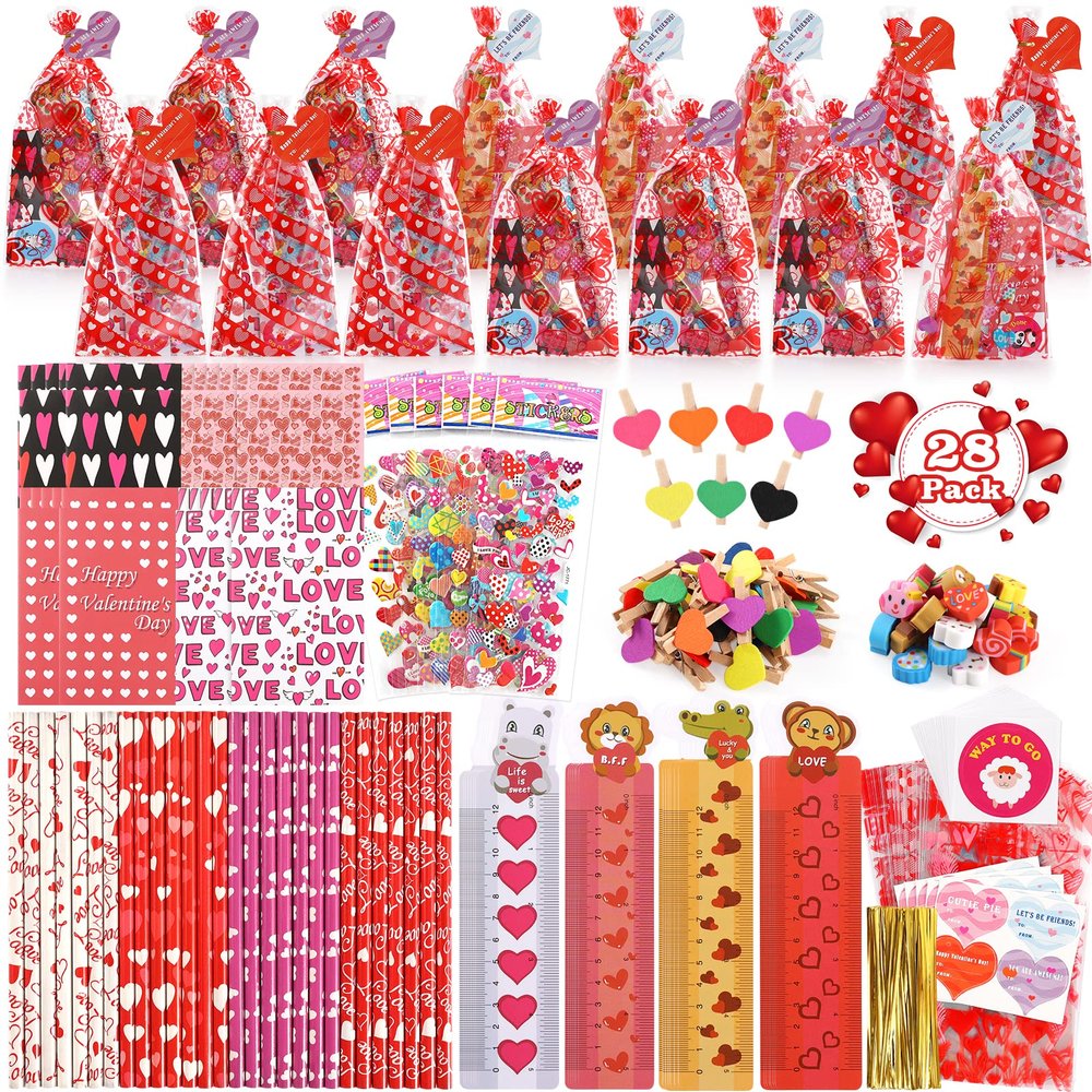 AOJOYS Valentines Gifts for Kids - 28 Pack Assorted Valentines Stationery set Valentines Cards Valentines Pencils Erasers Notepads, Valentine Treat Bags Goodie Bags Fillers Valentines favor for kids