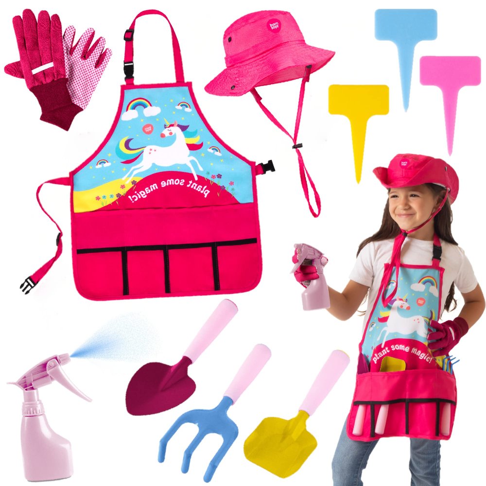 Born Toys Unicorn Kids Gardening Set for Ages 3 & Up, Includes Apron, Sun Hat, Gloves, Shovel - 11pcs