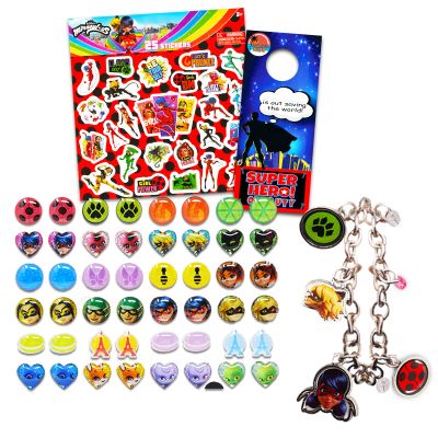 Miraculous Ladybug Jewelry Set for Girls - Bundle with Charm Bracelet, Earrings, and Stickers
