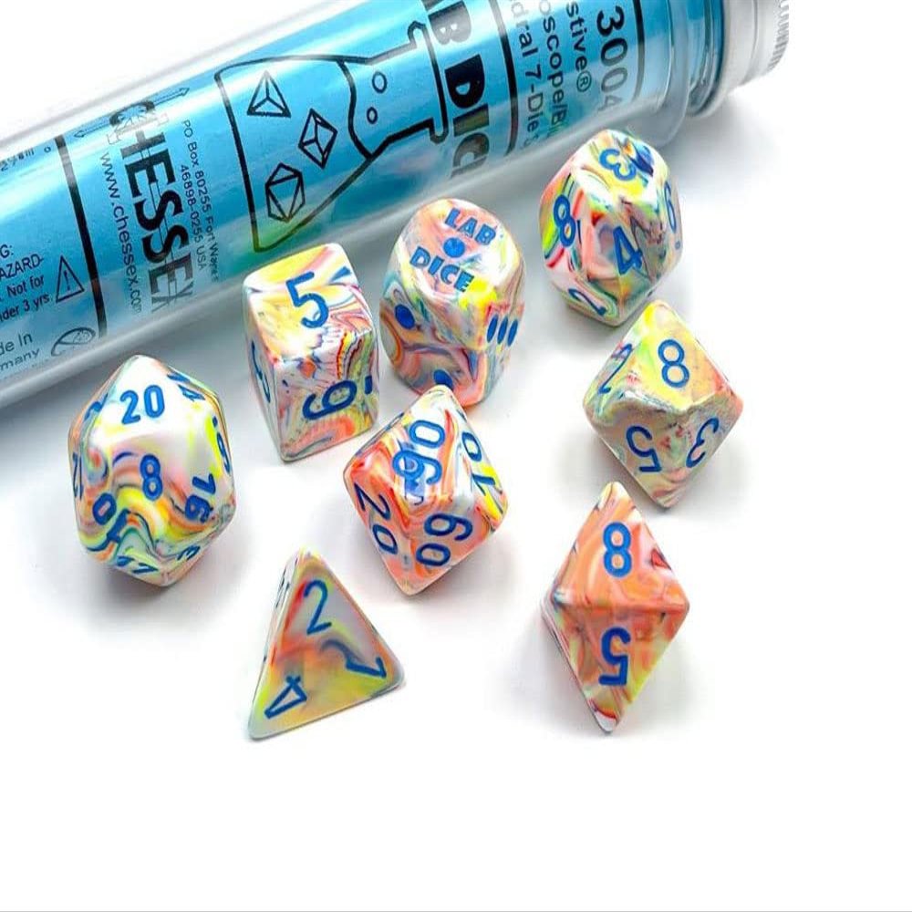Kaleidoscope Festive Luminary Dice with Blue Numbers 7+1 Dice Set 16mm (5/8in) Limited Edition Lab Dice Chessex